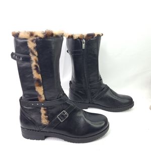 Nine West Boots Faux Fur Leopard Trim Moto Style Black Vegan Riding Shoes Size 4